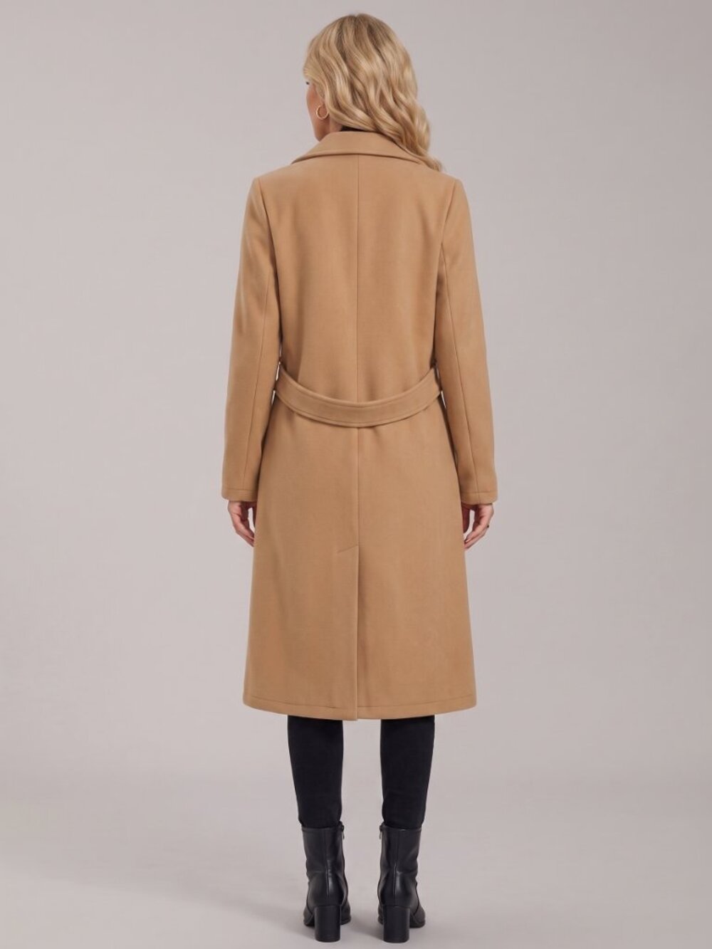 Women's Camel Belted Coat Notched Collar Long Fall Winter Wrap Jacket - Picture 2 of 4